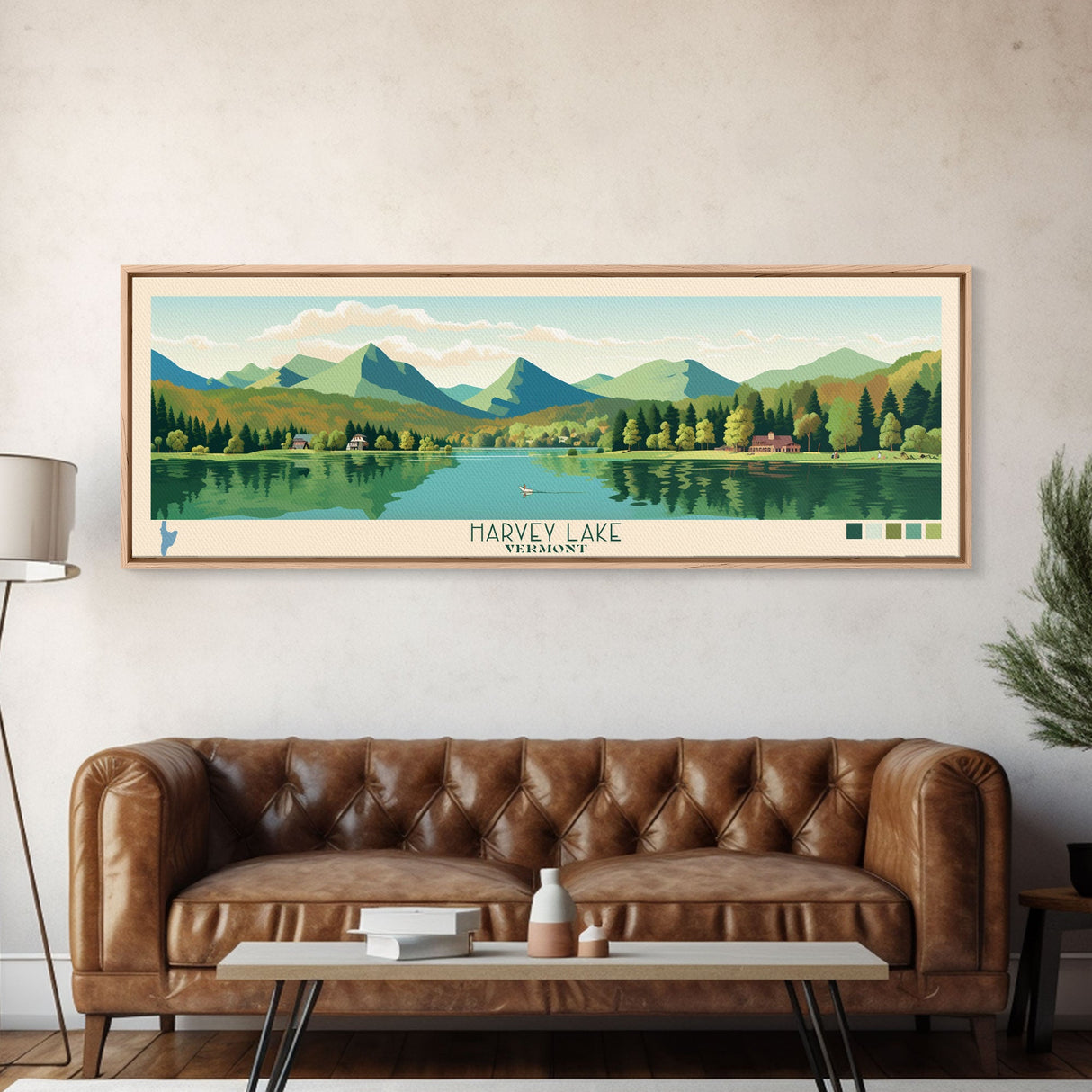 Harvey Lake Vermont Framed Canvas Print, Panoramic Wall Art, Midcentury Modern, Pop Art, Living Room Wall Art, Travel Poster, Lake View, Artistic Decor