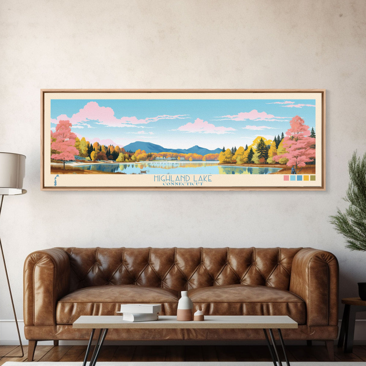 Highland Lake Connecticut Framed Canvas Print, Panoramic Art, Midcentury Modern, Pop Art, Lake House Decor, Travel Poster, Living Room Art