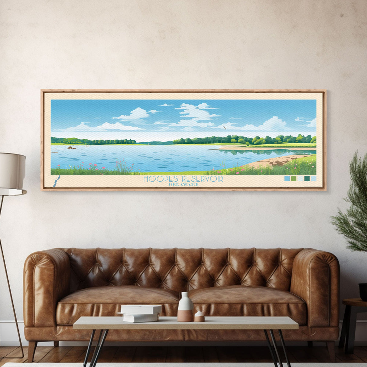 Hoopes Reservoir Delaware Framed Canvas Print, Panoramic Wall Art, Midcentury Modern, Pop Art, Lake House Art, Travel Poster, Bedroom Decor