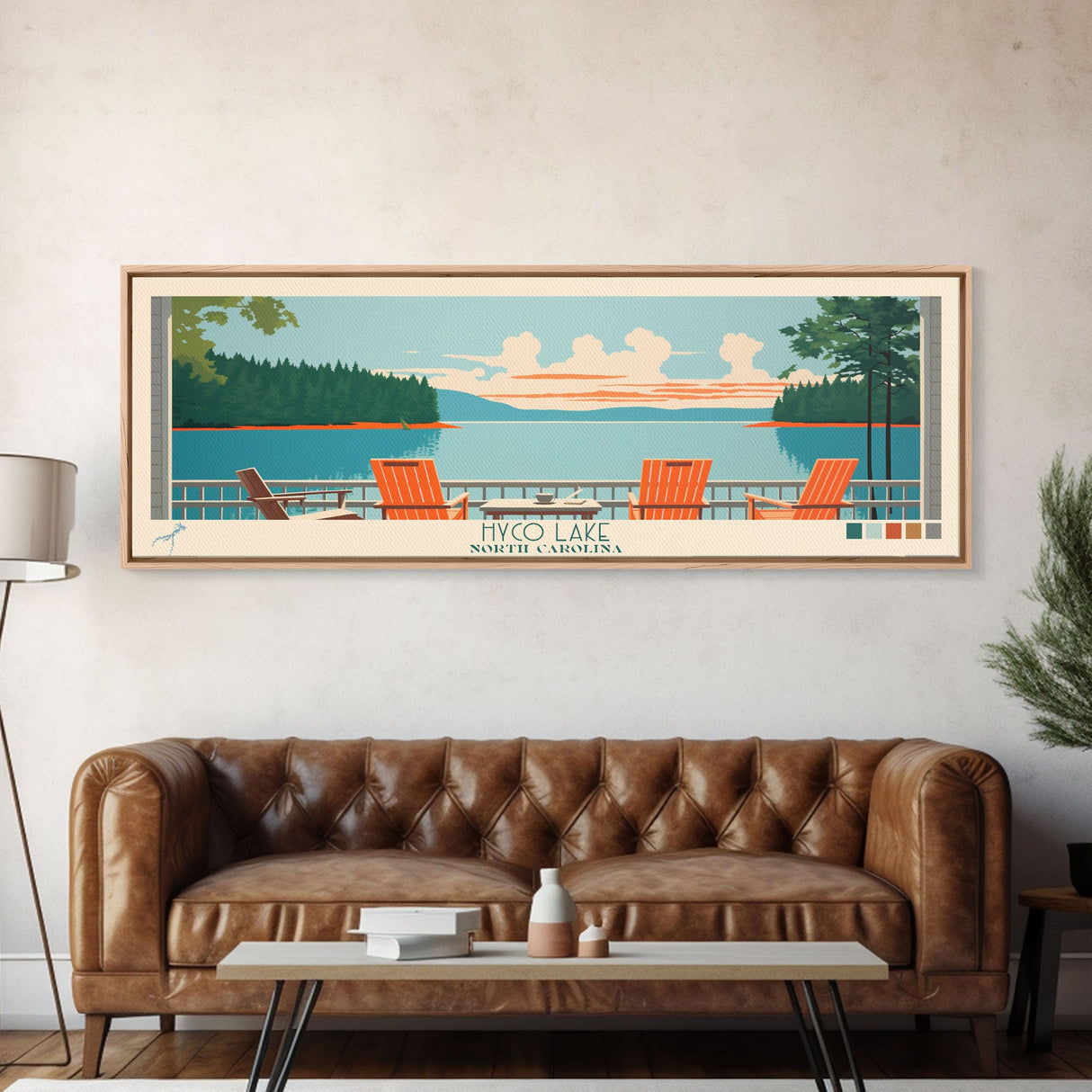 Hyco Lake North Carolina Framed Canvas Print, Panoramic Art, Midcentury Modern, Pop Art, Living Room Wall Art, Travel Poster, Lake House Art