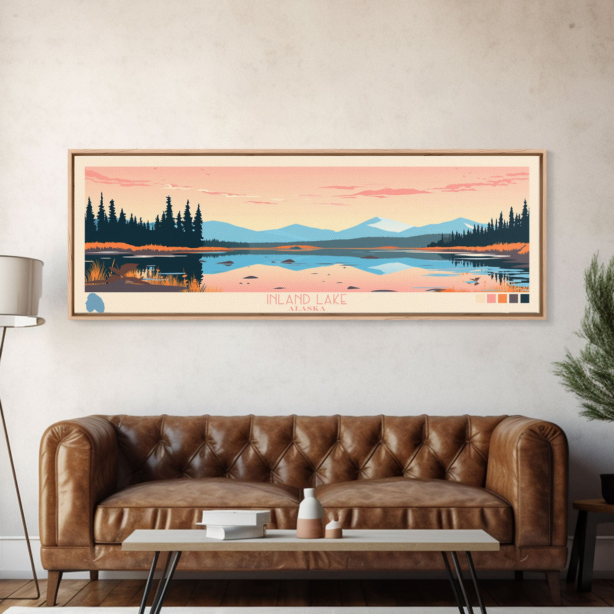 Inland Lake Alaska Framed Canvas Print, Panoramic Wall Art, Midcentury Modern, Pop Art, Bedroom Art, Travel Poster, Home Decor