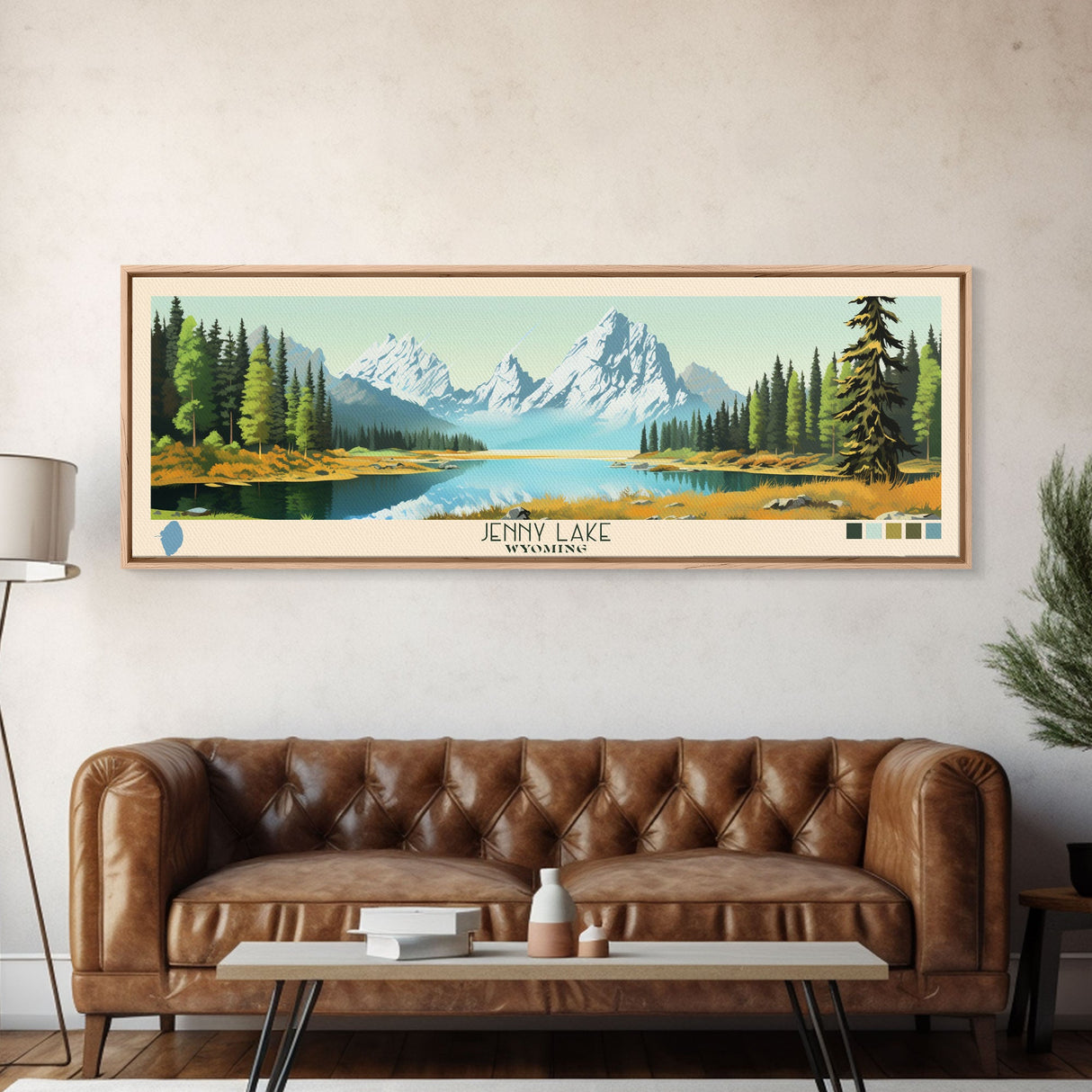 Jenny Lake Wyoming Framed Canvas Print, Panoramic Wall Art, Midcentury Modern, Pop Art, Living Room Decor, Travel Poster, Bedroom Art