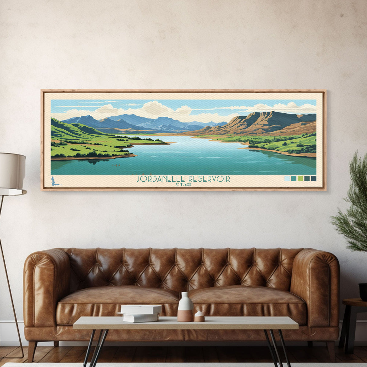 Jordanelle Reservoir Utah Framed Canvas Print, Panoramic Art, Midcentury Modern, Pop Art, Living Room Wall Art, Travel Poster, Nature Decor