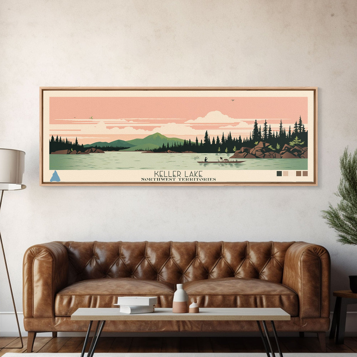 Keller Lake Northwest Territories Framed Canvas Print, Panoramic Art, Midcentury Modern, Pop Art, Living Room Wall Art, Travel Poster, Lake House Art