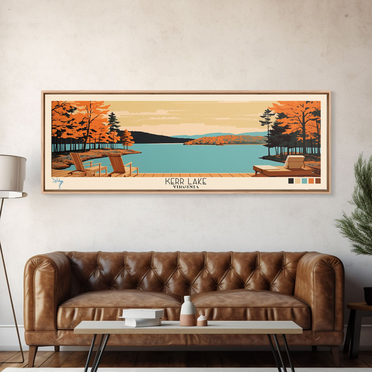 Kerr Lake Virginia Framed Canvas Print, Panoramic Wall Art, Midcentury Modern, Pop Art, Bedroom Decor, Travel Poster, Nature Art