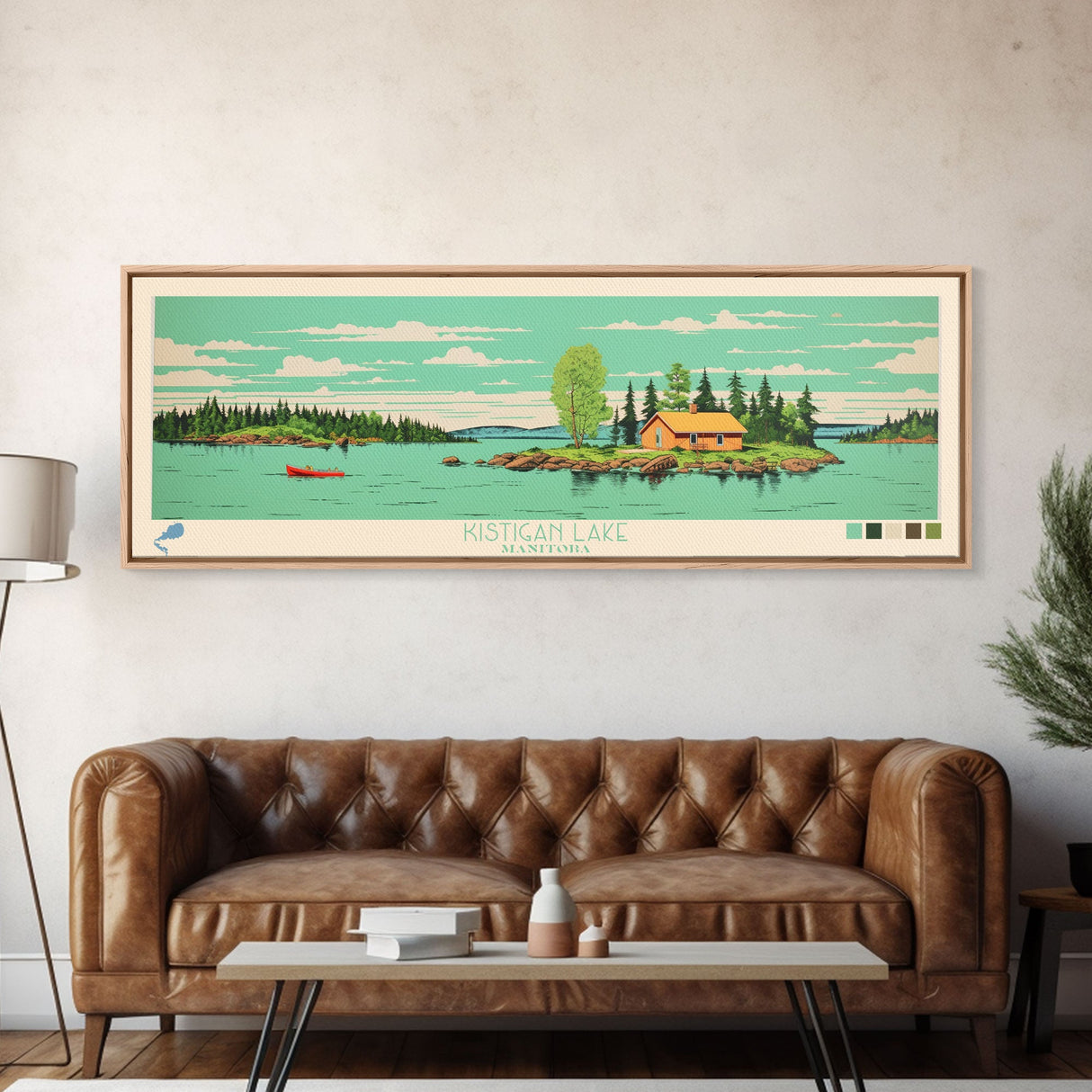 Kistigan Lake Manitoba Framed Canvas Print, Panoramic Wall Art, Midcentury Modern, Pop Art, Bedroom Decor, Travel Poster, Nature Decor