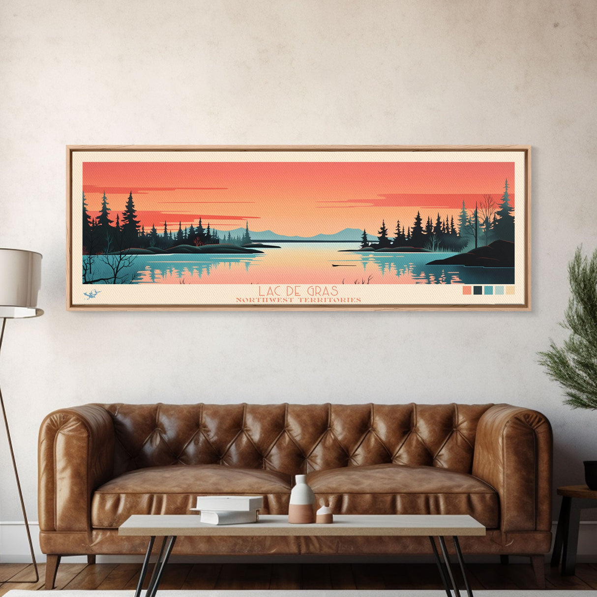 Lac De Gras Northwest Framed Canvas Print, Panoramic Wall Art, Midcentury Modern, Pop Art, Bedroom Decor, Travel Poster, Living Room Art