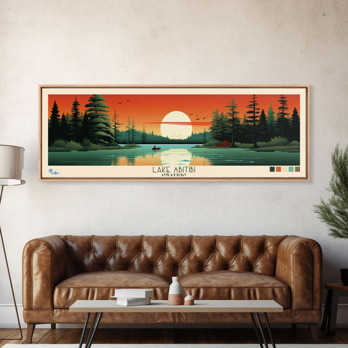 Lake Abitibi Ontario Framed Canvas Print, Panoramic Art, Midcentury Modern, Pop Art, Living Room Wall Art, Travel Poster, Lake House Decor