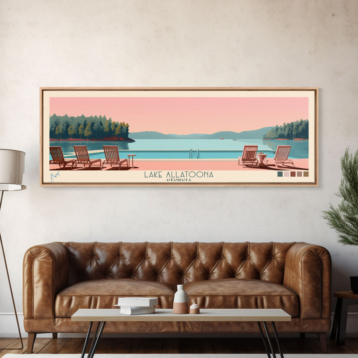 Lake Allatoona Georgia Framed Canvas Print, Panoramic Wall Art, Midcentury Modern, Pop Art, Living Room Decor, Travel Poster, Bedroom Art