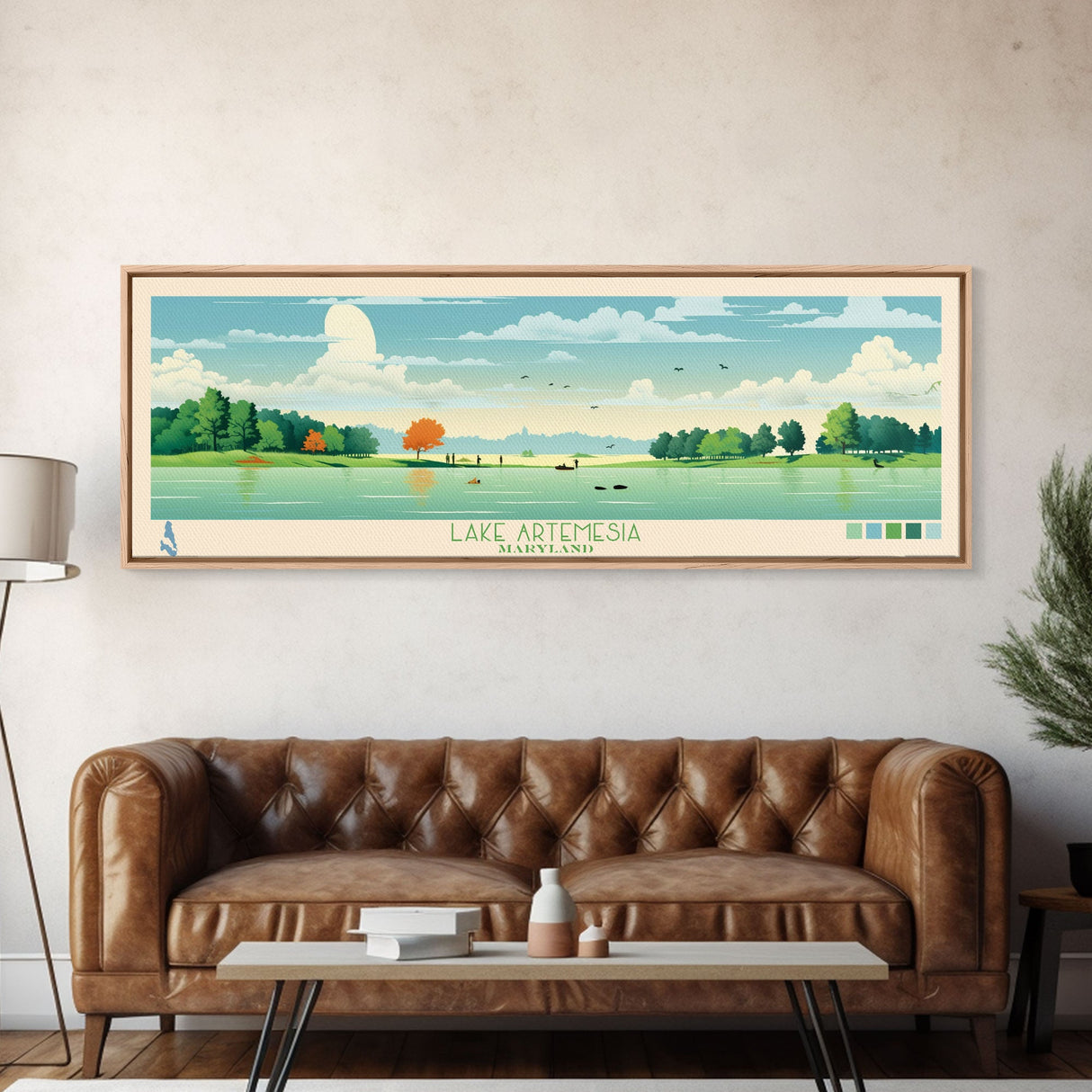 Lake Artemesia Maryland Framed Canvas Print, Panoramic Wall Art, Midcentury Modern, Pop Art, Bedroom Decor, Travel Poster, Living Room Art