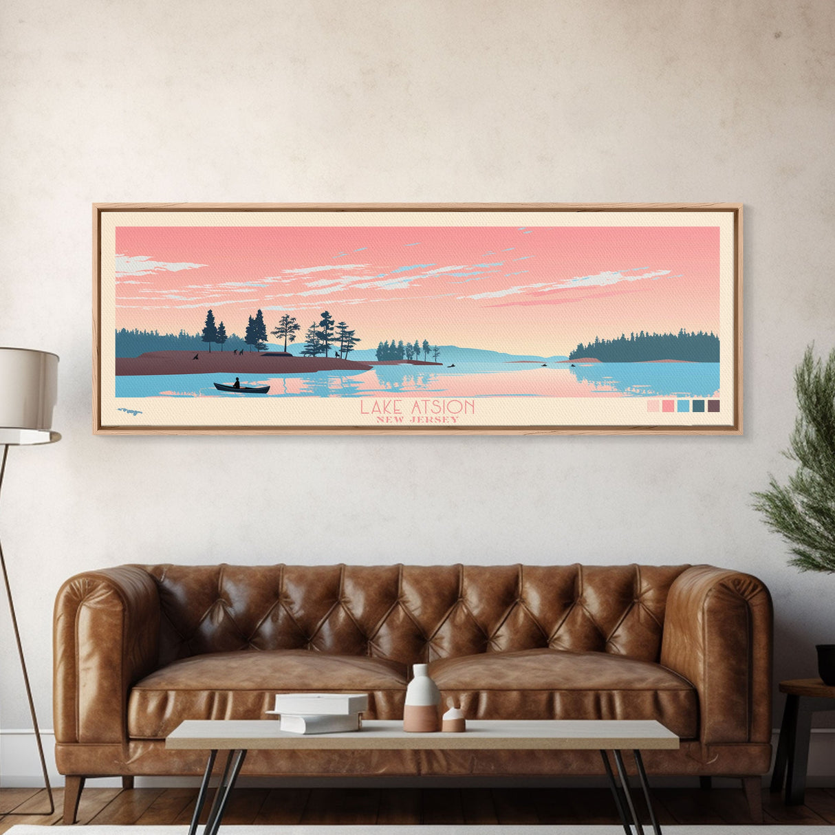 Lake Atsion New Jersey Framed Canvas Print, Panoramic Art, Midcentury Modern, Pop Art, Living Room Wall Art, Travel Poster, Lake House Decor