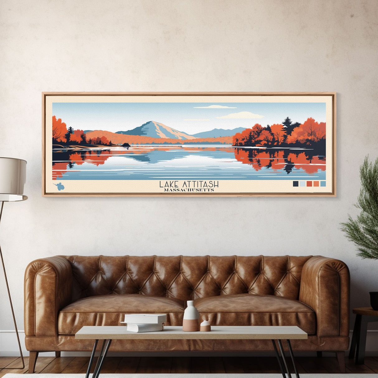 Lake Attitash Massachusetts Framed Canvas Print, Panoramic Wall Art, Midcentury Modern, Pop Art, Bedroom Decor, Travel Poster, Living Room Art