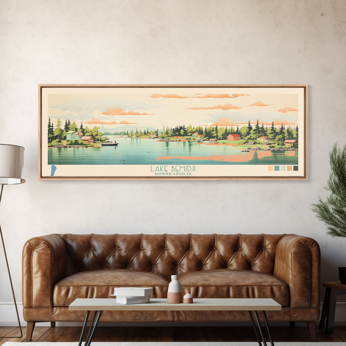 Lake Bemidji Minneapolis Framed Canvas Print, Panoramic Wall Art, Midcentury Modern, Pop Art, Bedroom Decor, Travel Poster, Living Room Art