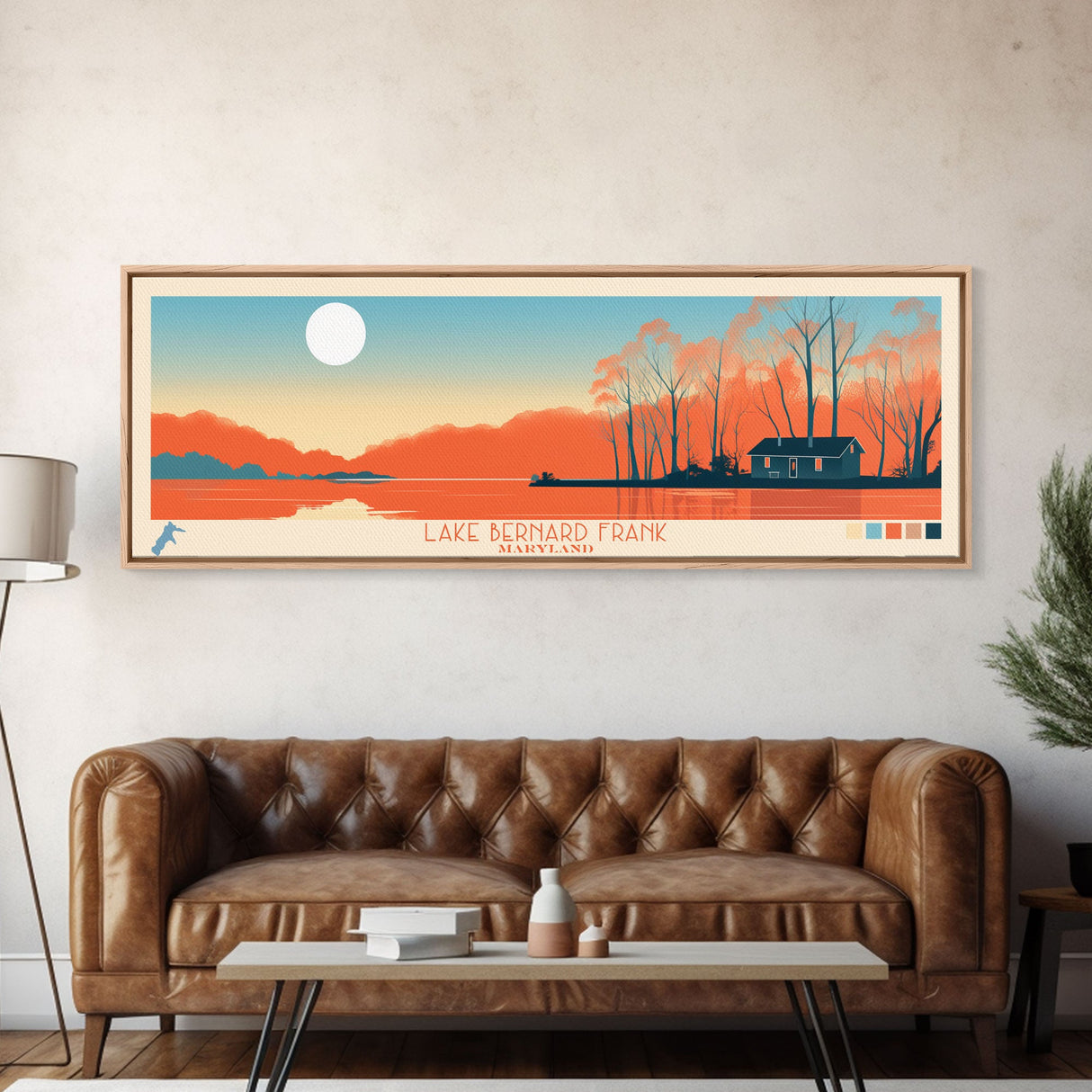 Lake Bernard Frank Maryland Framed Canvas Print, Panoramic Art, Midcentury Modern, Pop Art, Living Room Wall Art, Travel Poster, Lake House Decor