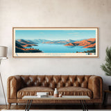 Lake Berryessa California Framed Canvas Print, Panoramic Wall Art, Midcentury Modern, Pop Art, Bedroom Decor, Travel Poster, Living Room Art