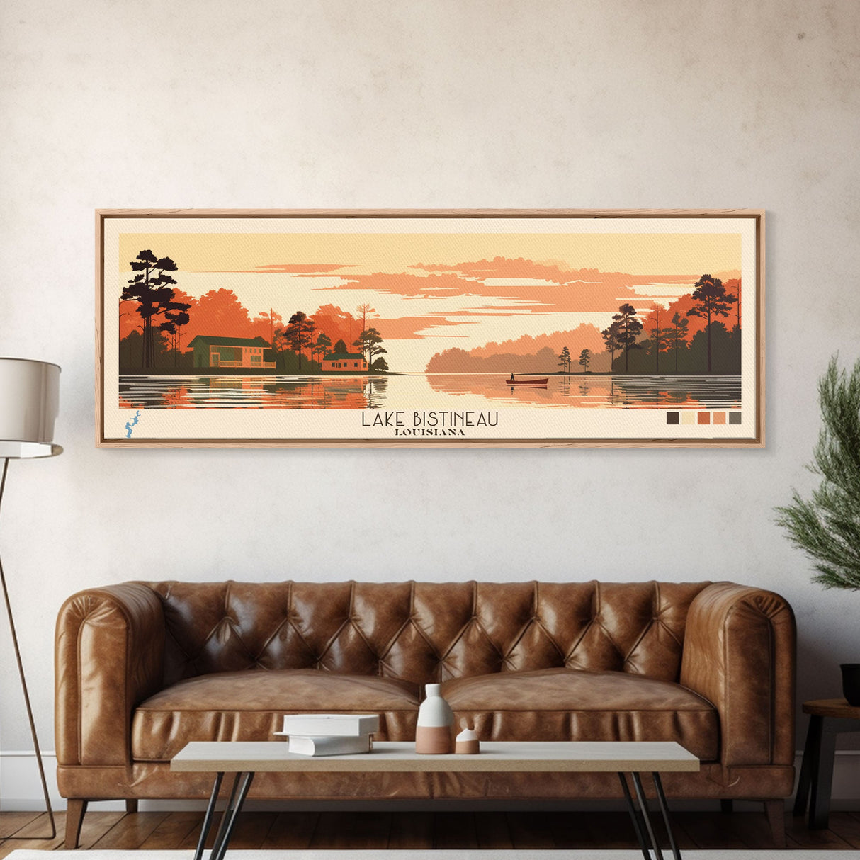 Lake Bistineau Louisiana Framed Canvas Print, Panoramic Art, Midcentury Modern, Pop Art, Living Room Wall Art, Travel Poster, Lake House Decor