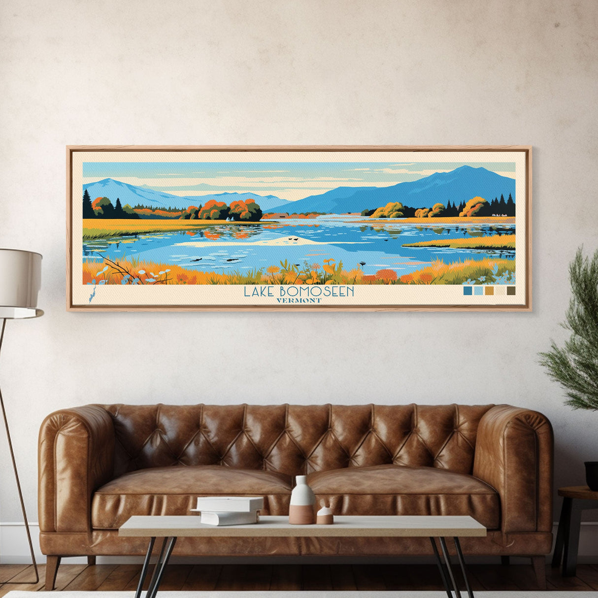 Lake Bomoseen Vermont Framed Canvas Print, Panoramic Wall Art, Midcentury Modern, Pop Art, Bedroom Decor, Travel Poster, Living Room Art