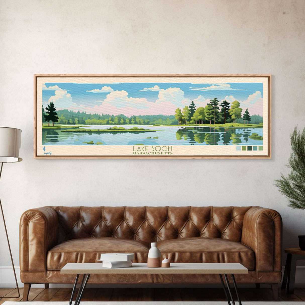 Lake Boon Massachusetts Framed Canvas Print, Panoramic Art, Midcentury Modern, Pop Art, Living Room Wall Art, Travel Poster, Lake House Decor