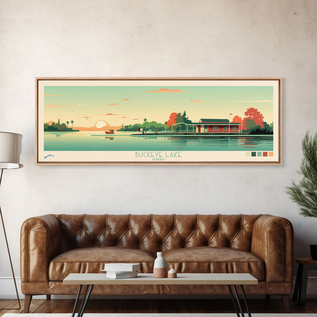 Lake Buckeye Framed Canvas Print, Panoramic Art, Midcentury Modern, Pop Art, Living Room Wall Art, Travel Poster, Lake House Decor