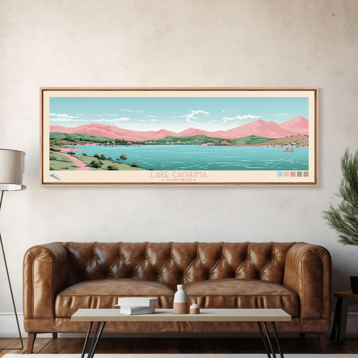 Lake Cachuma California Framed Canvas Print, Panoramic Art, Midcentury Modern, Pop Art, Living Room Wall Art, Travel Poster, Lake House Decor