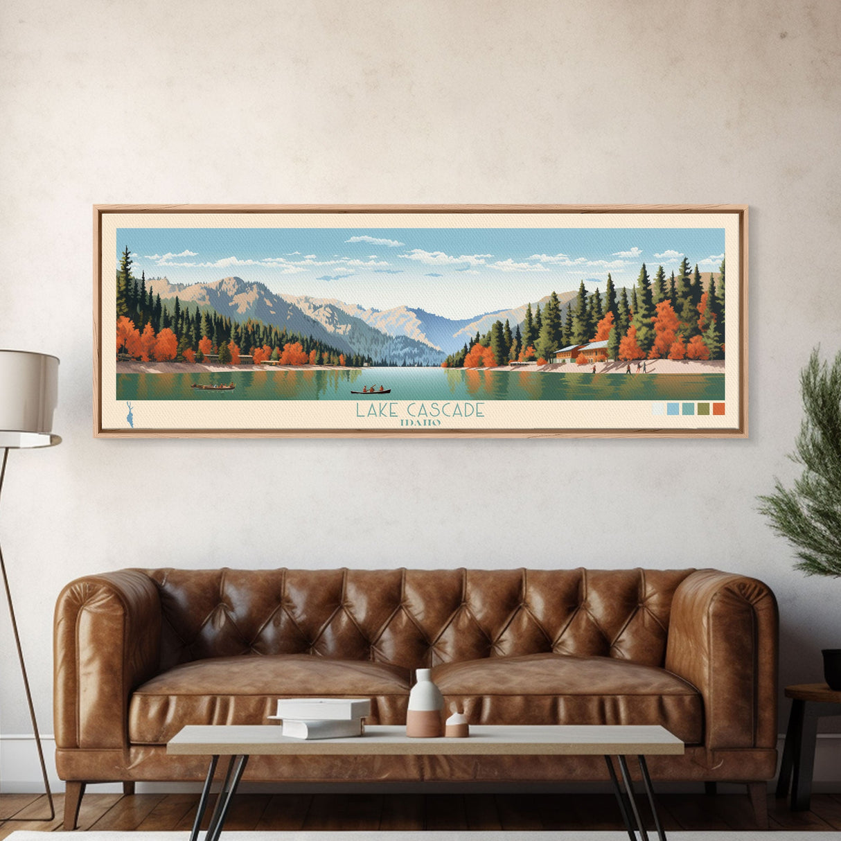 Lake Cascade Idaho Framed Canvas Print, Panoramic Art, Midcentury Modern, Pop Art, Living Room Wall Art, Travel Poster, Lake House Decor