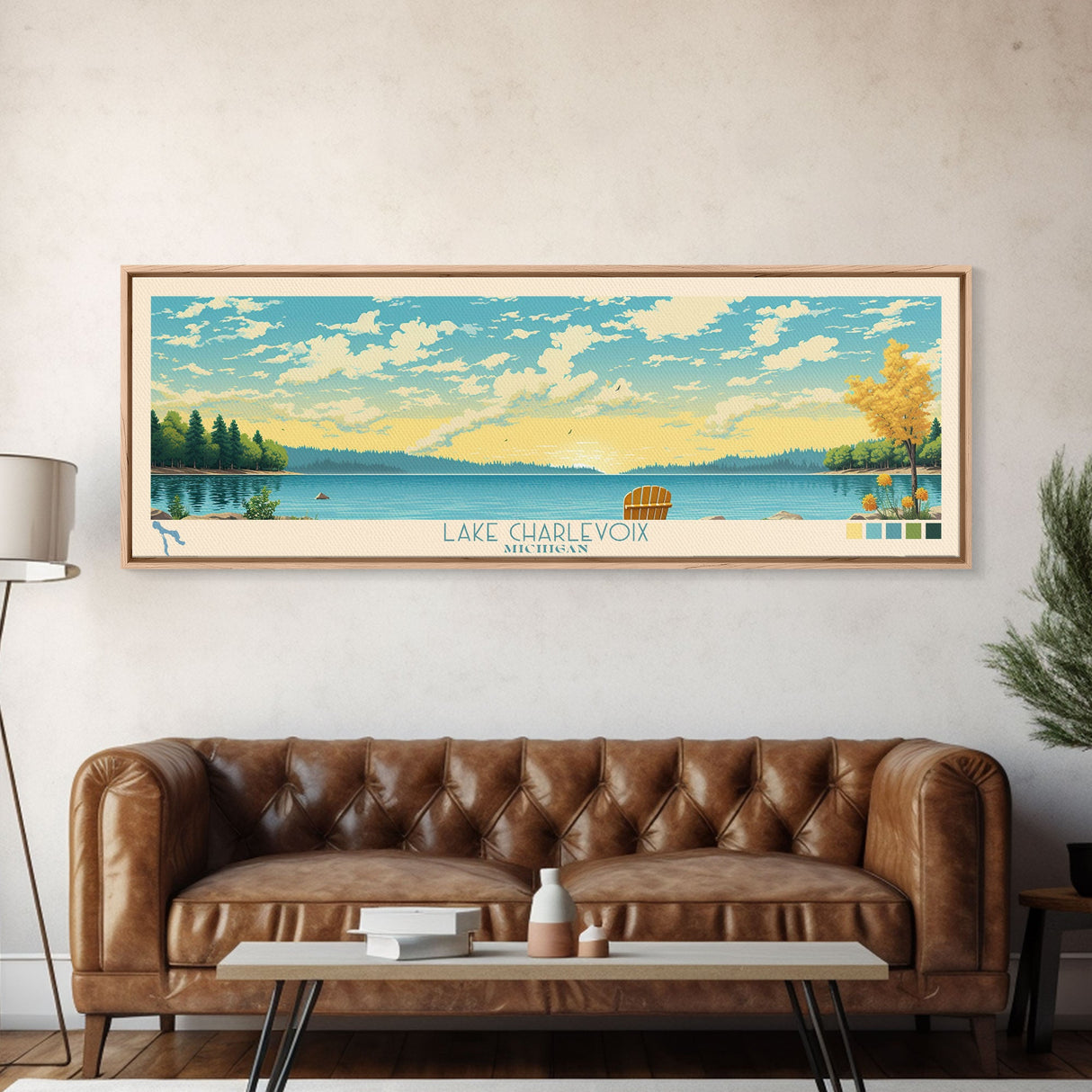 Lake Charlevoix Michigan Framed Canvas Print, Panoramic Wall Art, Midcentury Modern, Pop Art, Bedroom Decor, Travel Poster, Living Room Art