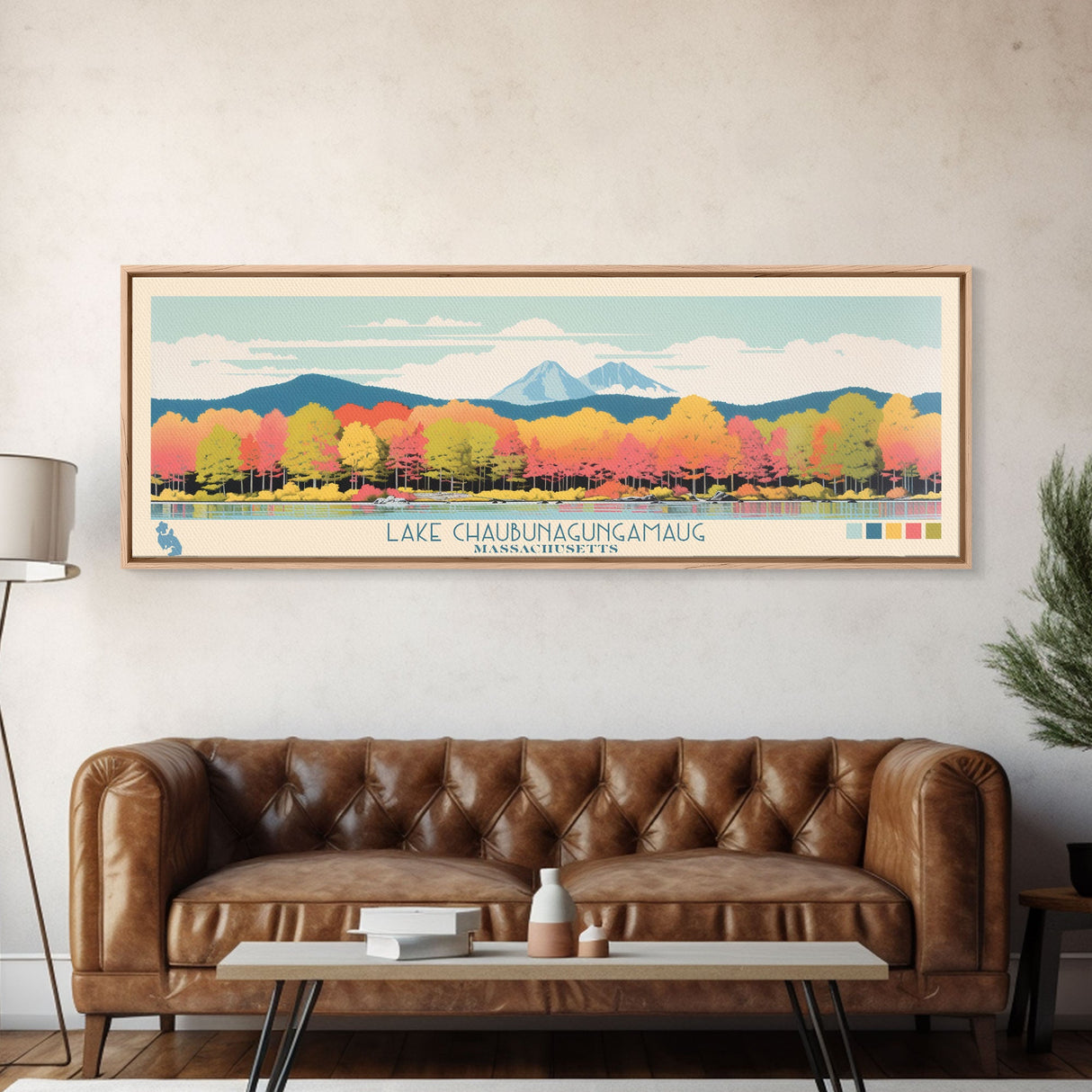 Lake Chaubunagungamaug Webster Massachusetts Framed Canvas Print, Panoramic Wall Art, Midcentury Modern, Pop Art, Bedroom Decor, Travel Poster, Living Room Art