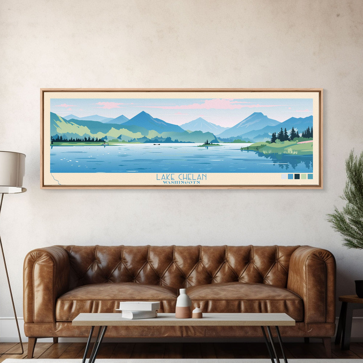 Lake Chelan Washington Framed Canvas Print, Panoramic Art, Midcentury Modern, Pop Art, Living Room Wall Art, Travel Poster, Lake House Decor