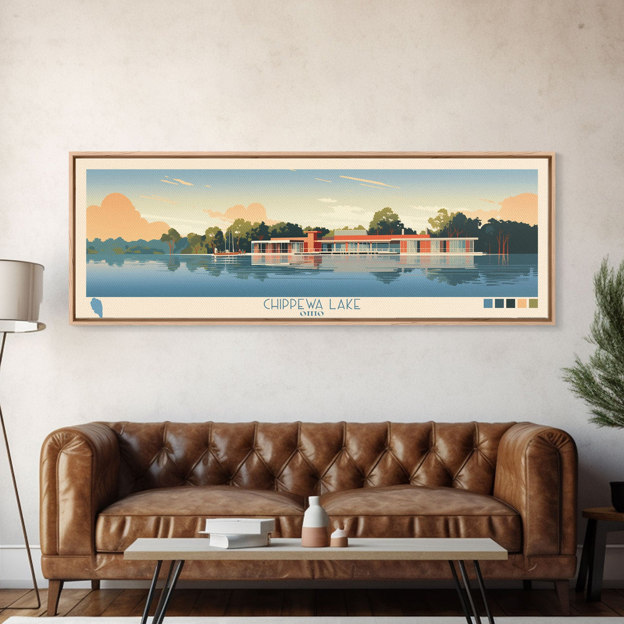 Lake Chippewa Framed Canvas Print, Panoramic Wall Art, Midcentury Modern, Pop Art, Bedroom Decor, Travel Poster, Living Room Art