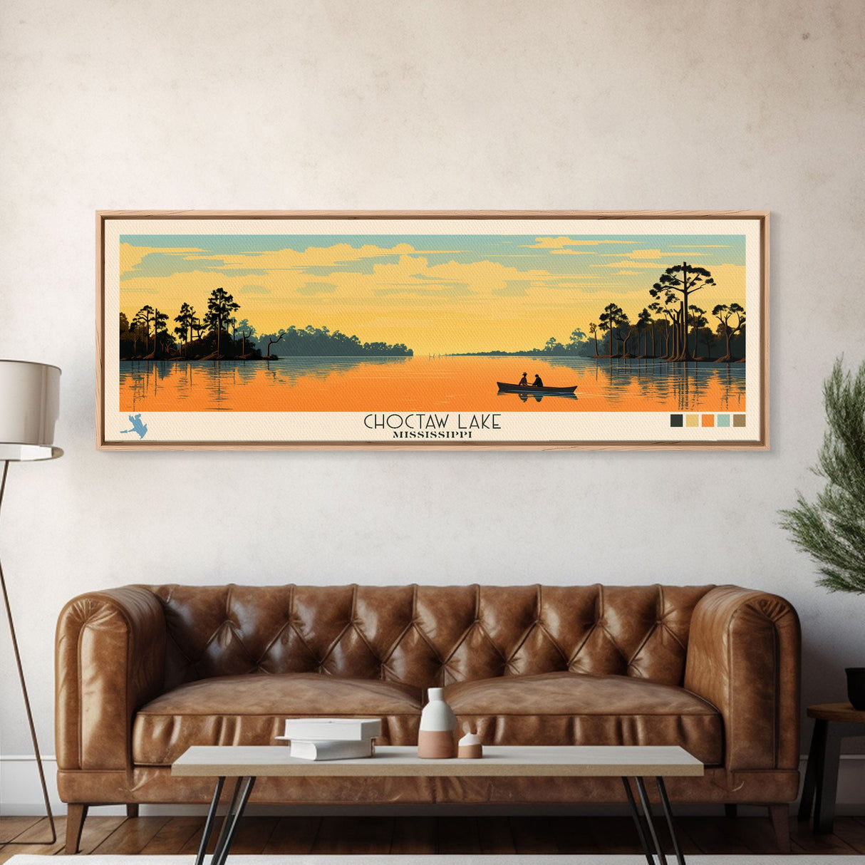 Lake Choctaw Framed Canvas Print, Panoramic Art, Midcentury Modern, Pop Art, Living Room Wall Art, Travel Poster, Lake House Decor