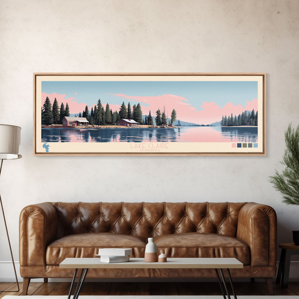 Lake Claire Alberta Framed Canvas Print, Panoramic Art, Midcentury Modern, Pop Art, Living Room Wall Art, Travel Poster, Lake House Decor