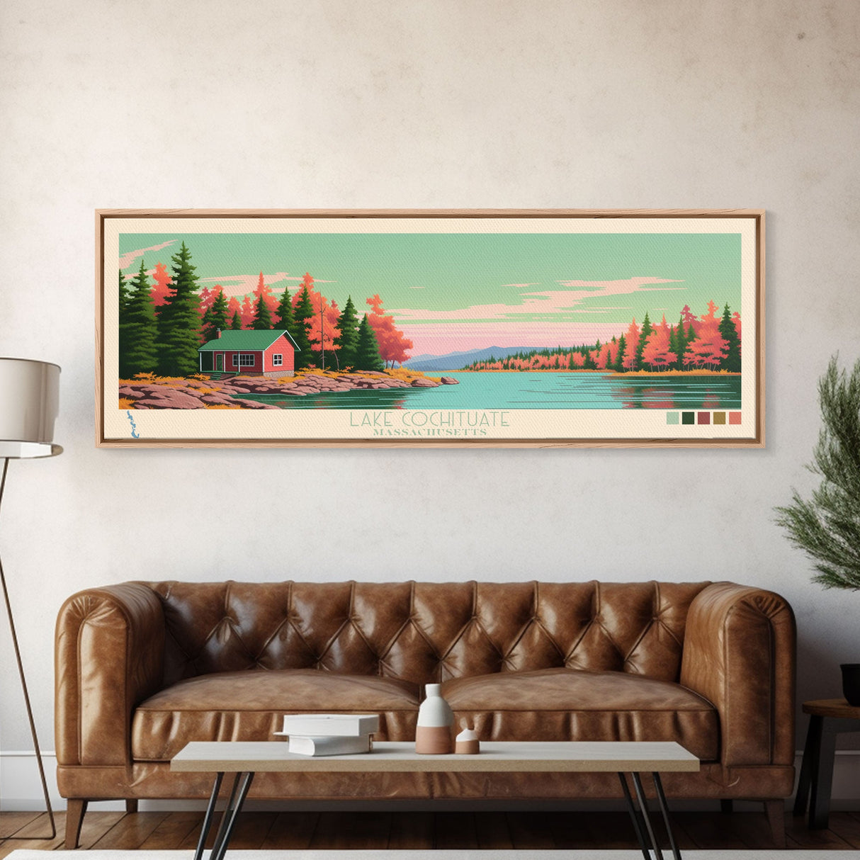 Lake Cochituate Massachusetts Framed Canvas Print, Panoramic Wall Art, Midcentury Modern, Pop Art, Bedroom Decor, Travel Poster, Living Room Art