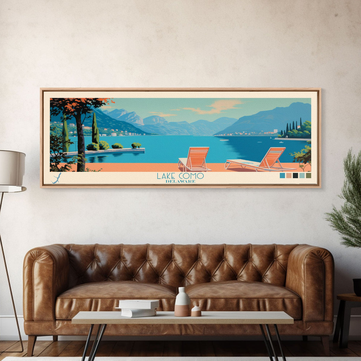 Lake Como Delaware Framed Canvas Print, Panoramic Wall Art, Midcentury Modern, Pop Art, Bedroom Decor, Travel Poster, Living Room Art