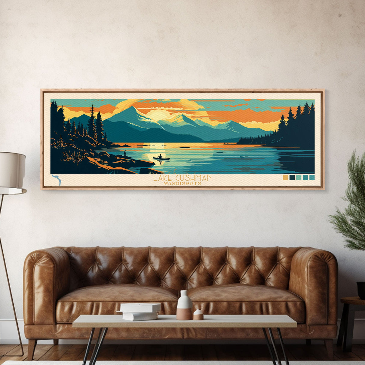 Lake Cushman Washington Framed Canvas Print, Panoramic Wall Art, Midcentury Modern, Pop Art, Bedroom Decor, Travel Poster, Living Room Art