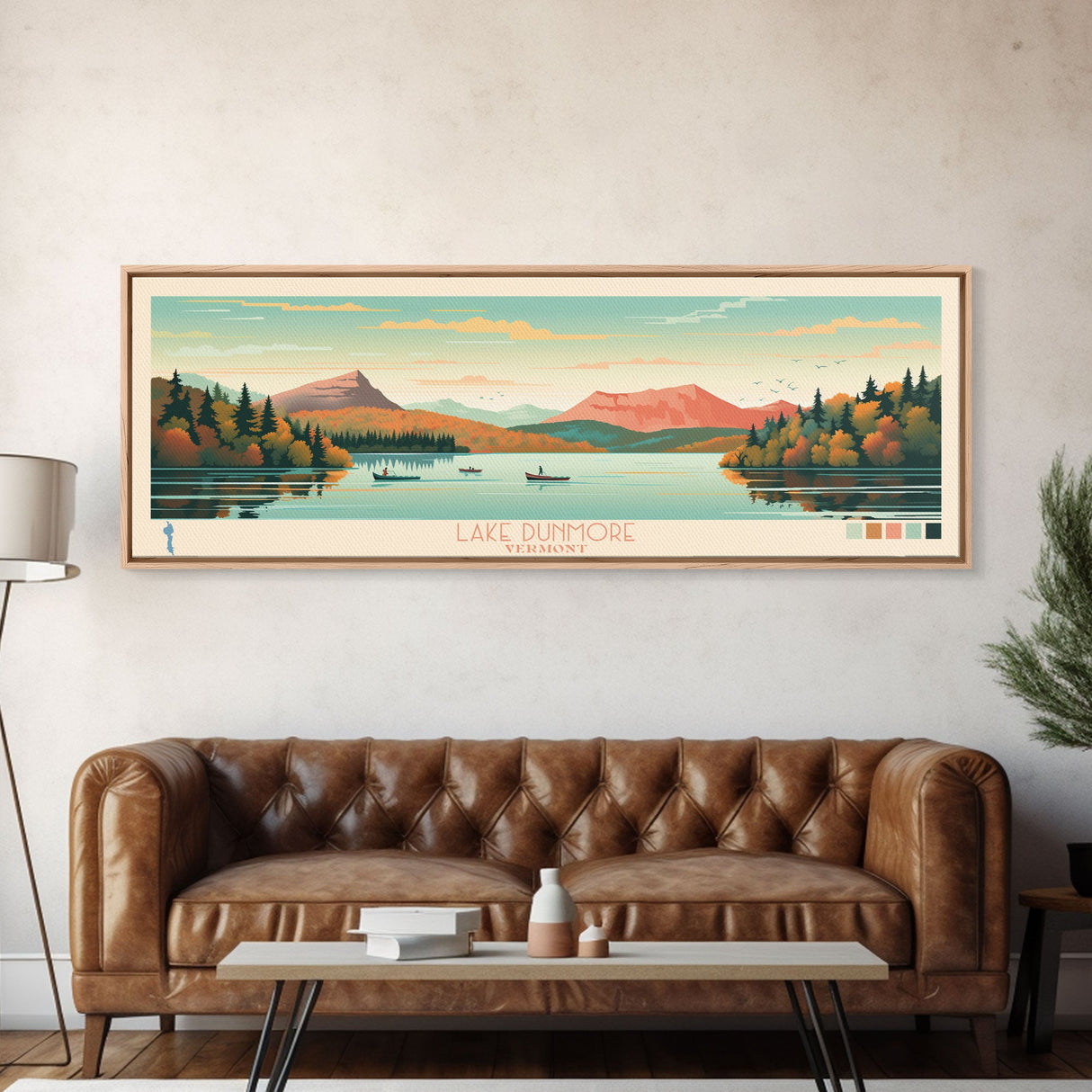 Lake Dunmore Vermont Framed Canvas Print, Panoramic Art, Midcentury Modern, Pop Art, Living Room Wall Art, Travel Poster, Lake House Decor