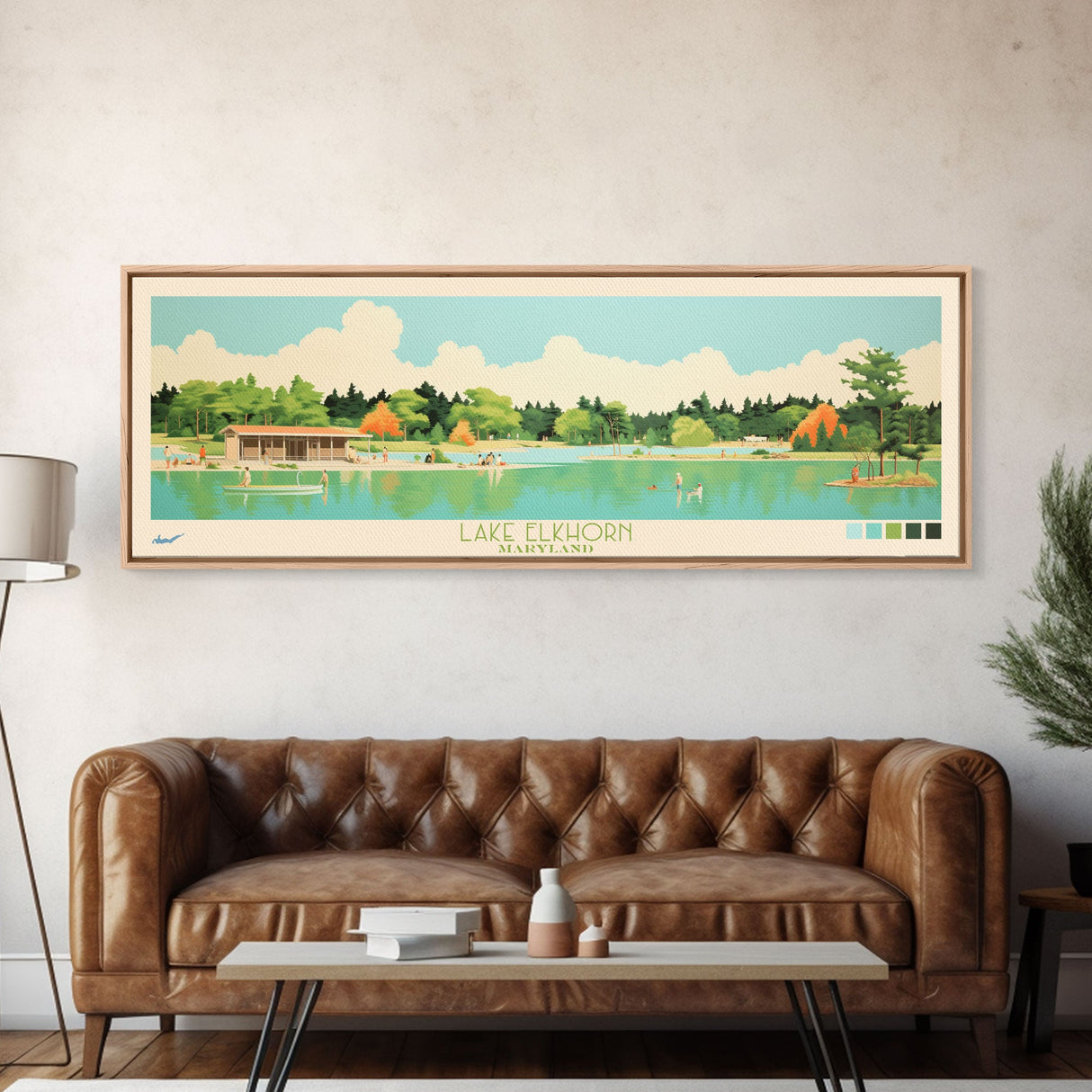 Lake Elkhorn Maryland Framed Canvas Print, Panoramic Wall Art, Midcentury Modern, Pop Art, Bedroom Decor, Travel Poster, Living Room Art