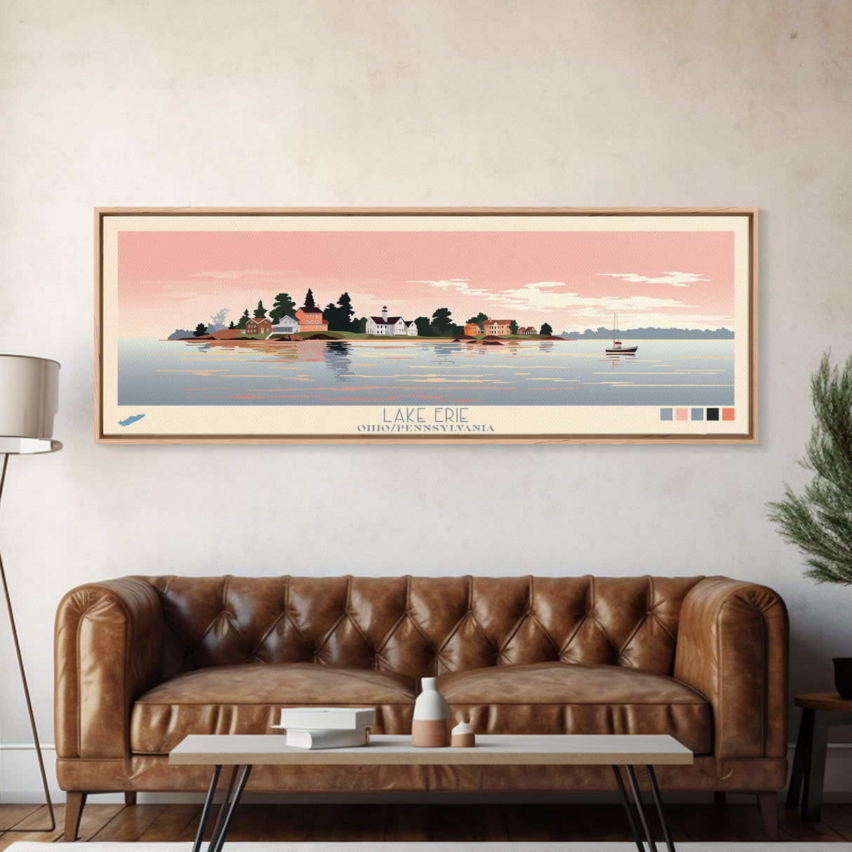 Lake Erie Ohio Pennsylvania Framed Canvas Print, Panoramic Art, Midcentury Modern, Pop Art, Living Room Wall Art, Travel Poster, Lake House Decor