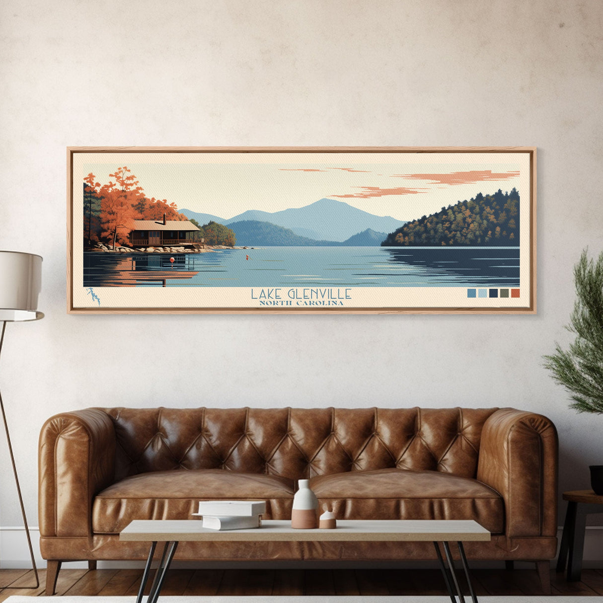 Lake Glenville North Carolina Framed Canvas Print, Panoramic Art, Midcentury Modern, Pop Art, Living Room Wall Art, Travel Poster, Lake House Decor