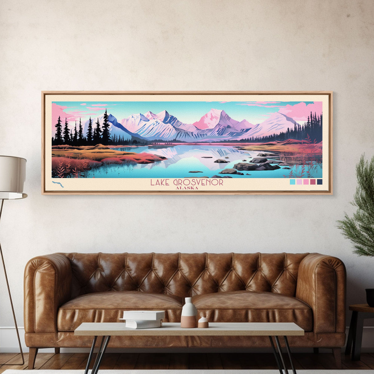 Lake Grosvenor Alaska Framed Canvas Print, Panoramic Wall Art, Midcentury Modern, Pop Art, Lake House Decor, Travel Poster, Bedroom Art