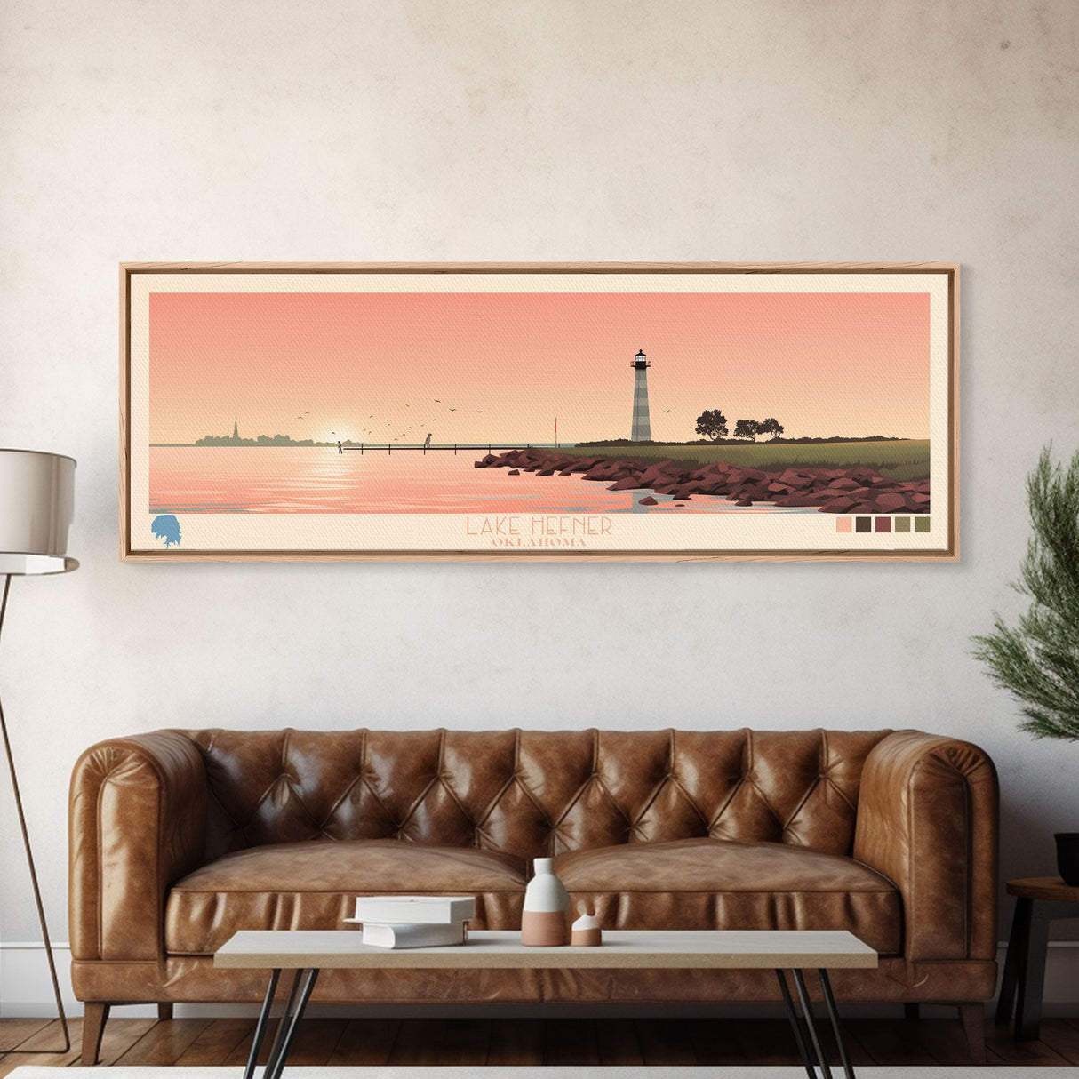 Lake Hefner Oklahoma Framed Canvas Print, Panoramic Wall Art, Midcentury Modern, Pop Art, Bedroom Art, Travel Poster, Living Room Decor