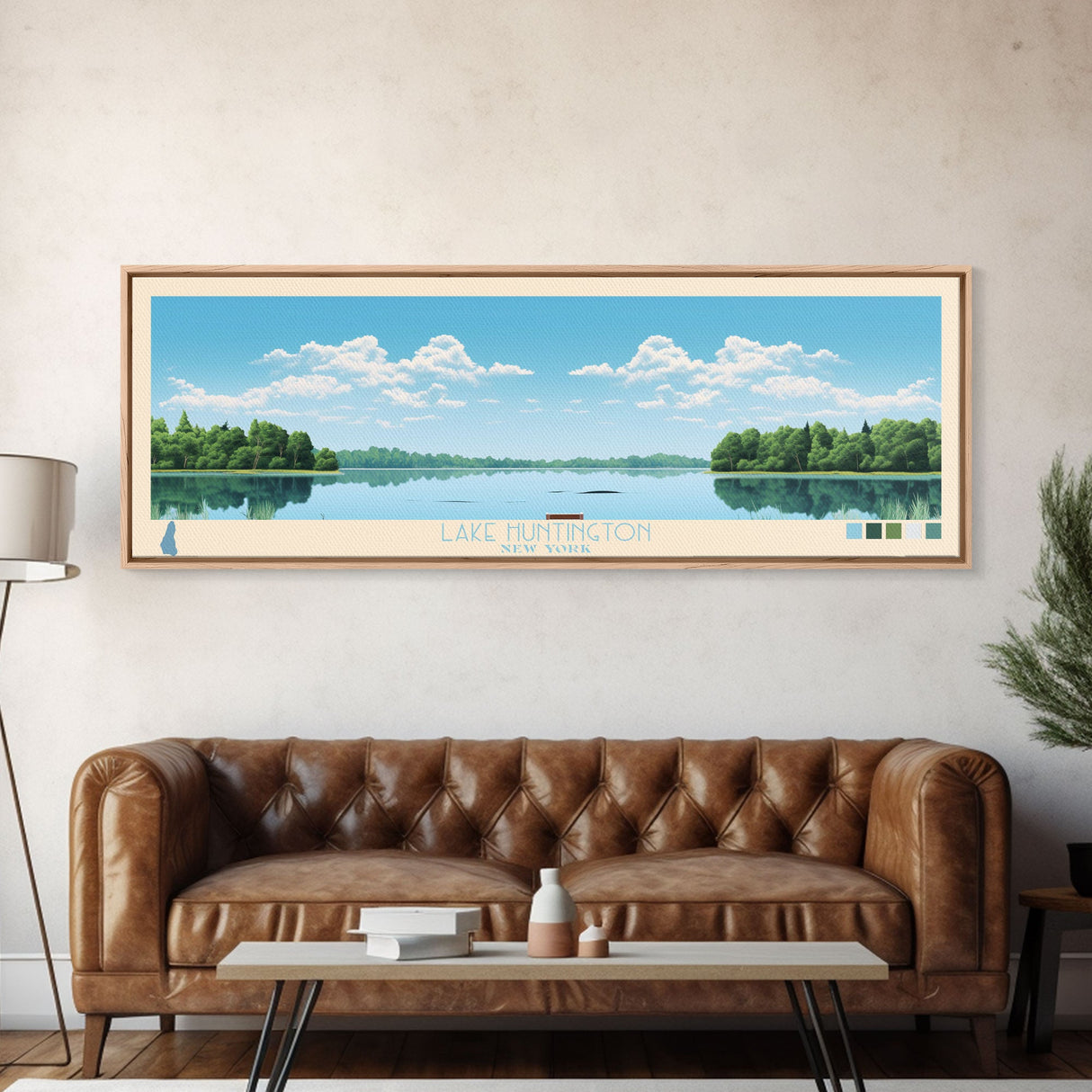 Lake Huntington New York Framed Canvas Print, Panoramic Wall Art, Midcentury Modern, Pop Art, Living Room Decor, Travel Poster, Bedroom Art