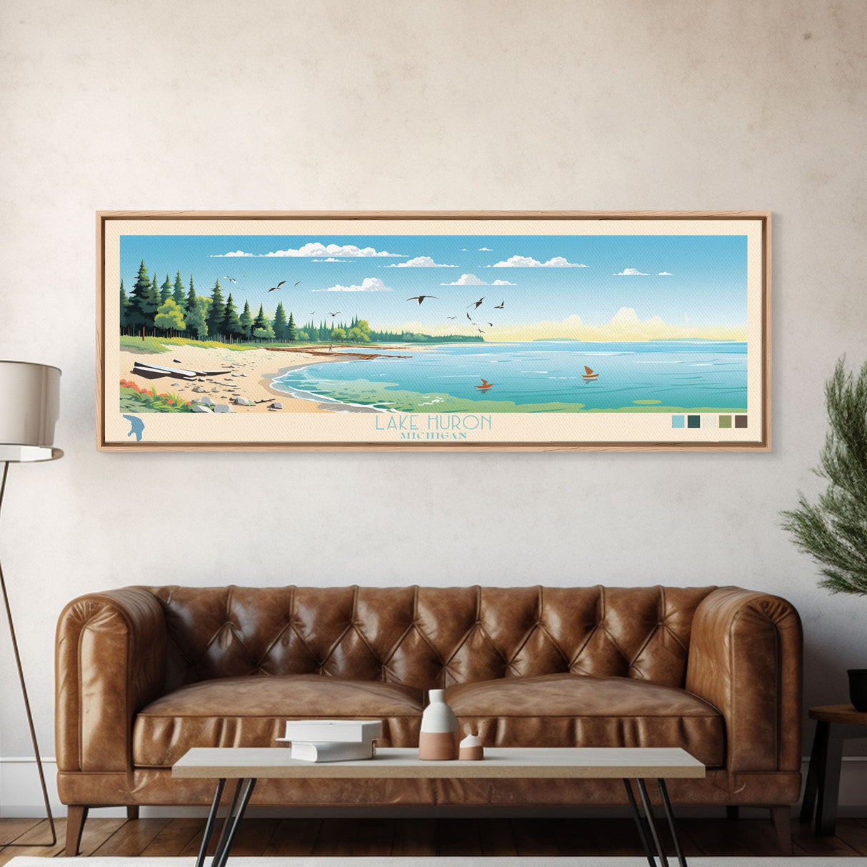 Lake Huron Michigan Framed Canvas Print, Panoramic Wall Art, Midcentury Modern, Pop Art, Living Room Decor, Travel Poster, Bedroom Art