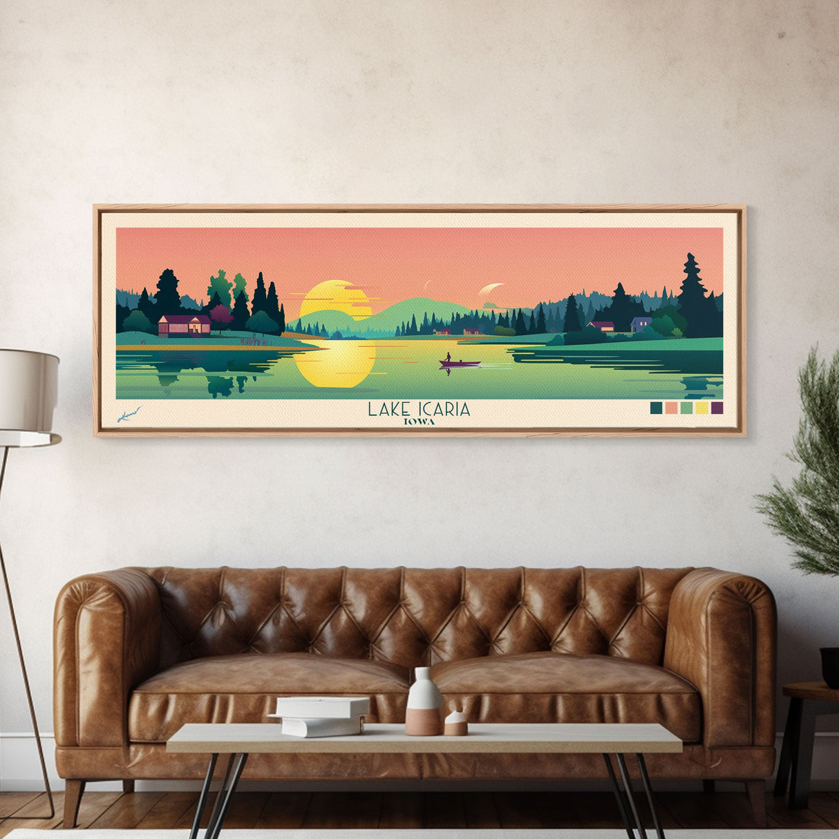 Lake Icaria Iowa Framed Canvas Print, Panoramic Wall Art, Midcentury Modern, Pop Art, Lake House Decor, Travel Poster, Bedroom Art