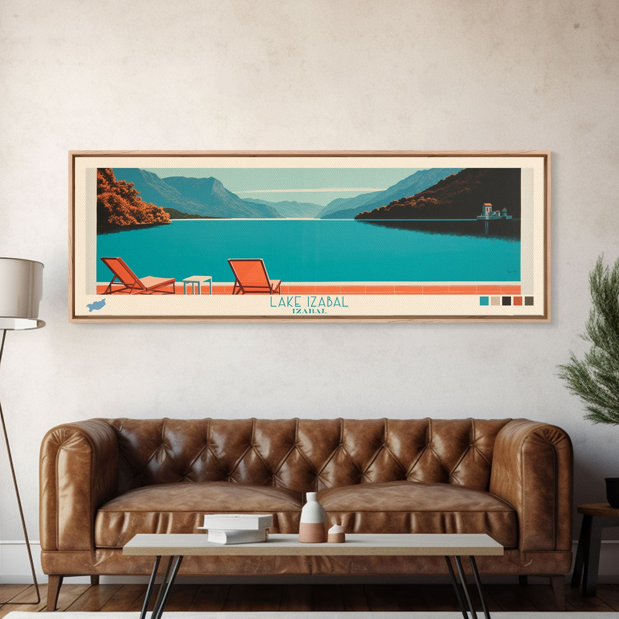 Lake Izabal Izabal Framed Canvas Print, Panoramic Wall Art, Midcentury Modern, Pop Art, Living Room Decor, Travel Poster, Bedroom Art