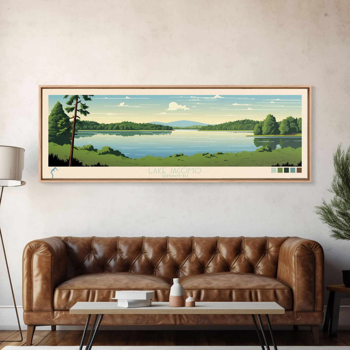 Lake Jacomo Missouri Framed Canvas Print, Panoramic Wall Art, Midcentury Modern, Pop Art, Lake House Decor, Travel Poster, Bedroom Art