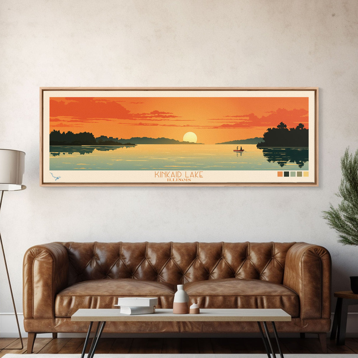 Lake Kinkaid Illinois Framed Canvas Print, Panoramic Wall Art, Midcentury Modern, Pop Art, Lake House Decor, Travel Poster, Bedroom Art