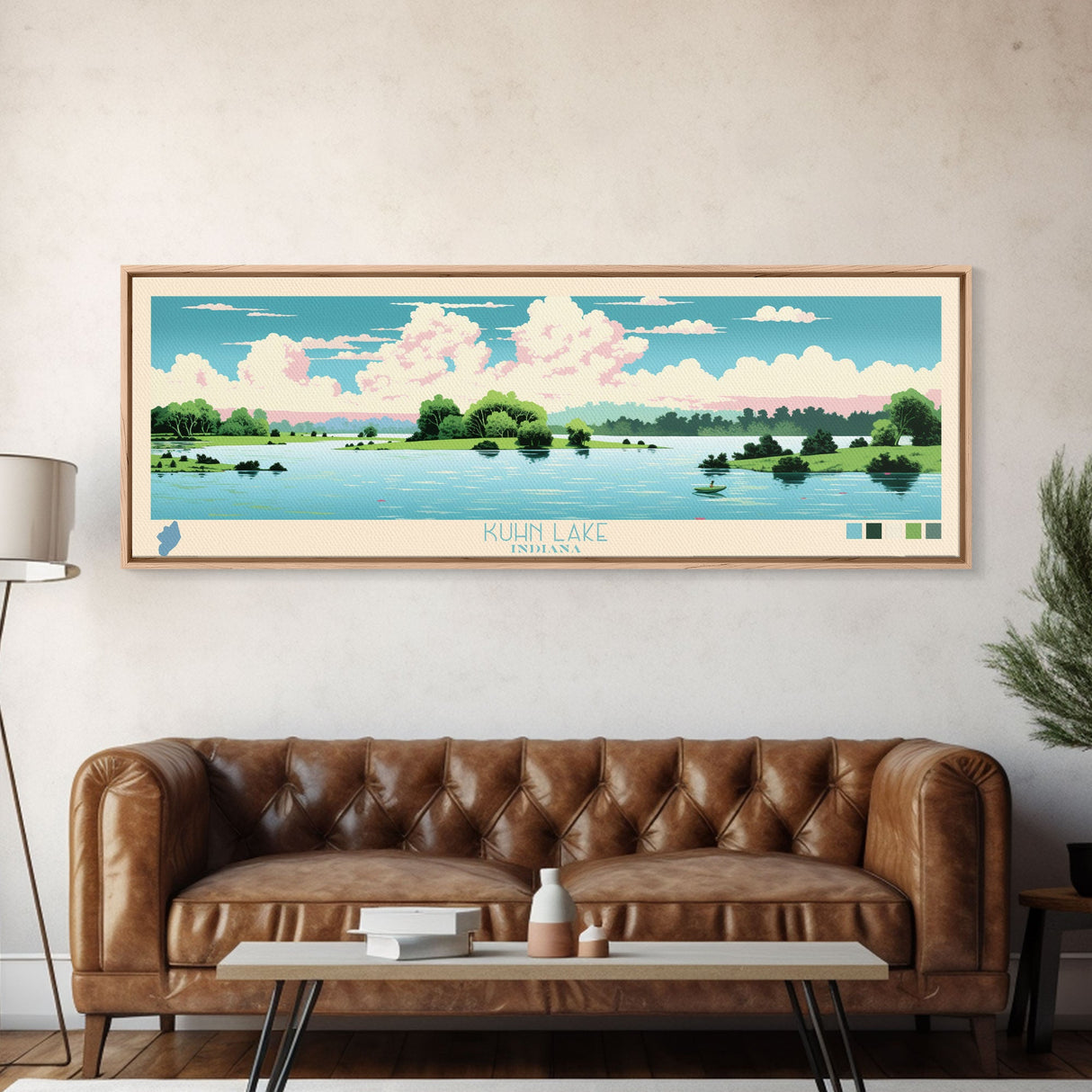 Lake Kuhn Indiana Framed Canvas Print, Panoramic Wall Art, Midcentury Modern, Pop Art, Lake House Decor, Travel Poster, Bedroom Art