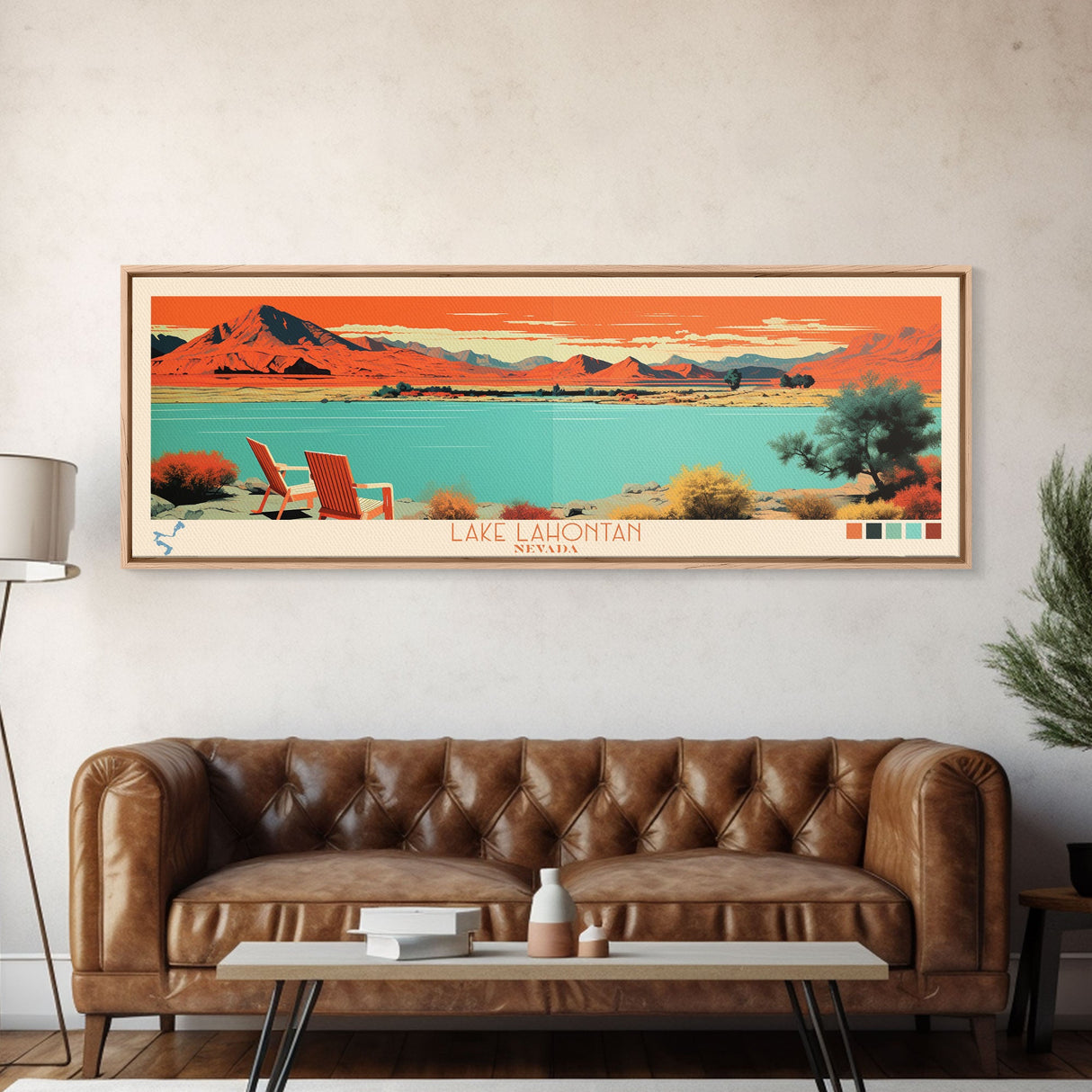 Lake Lahontan Nevada Framed Canvas Print, Panoramic Wall Art, Midcentury Modern, Pop Art, Living Room Decor, Travel Poster, Bedroom Art