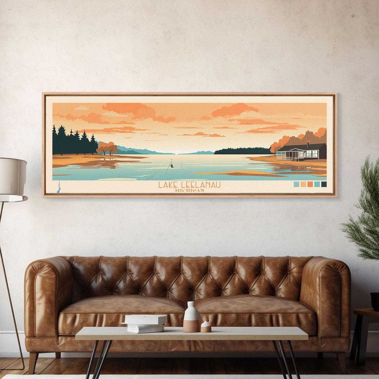 Lake Leelanau Michigan Framed Canvas Print, Panoramic Wall Art, Midcentury Modern, Pop Art, Living Room Decor, Travel Poster, Bedroom Art