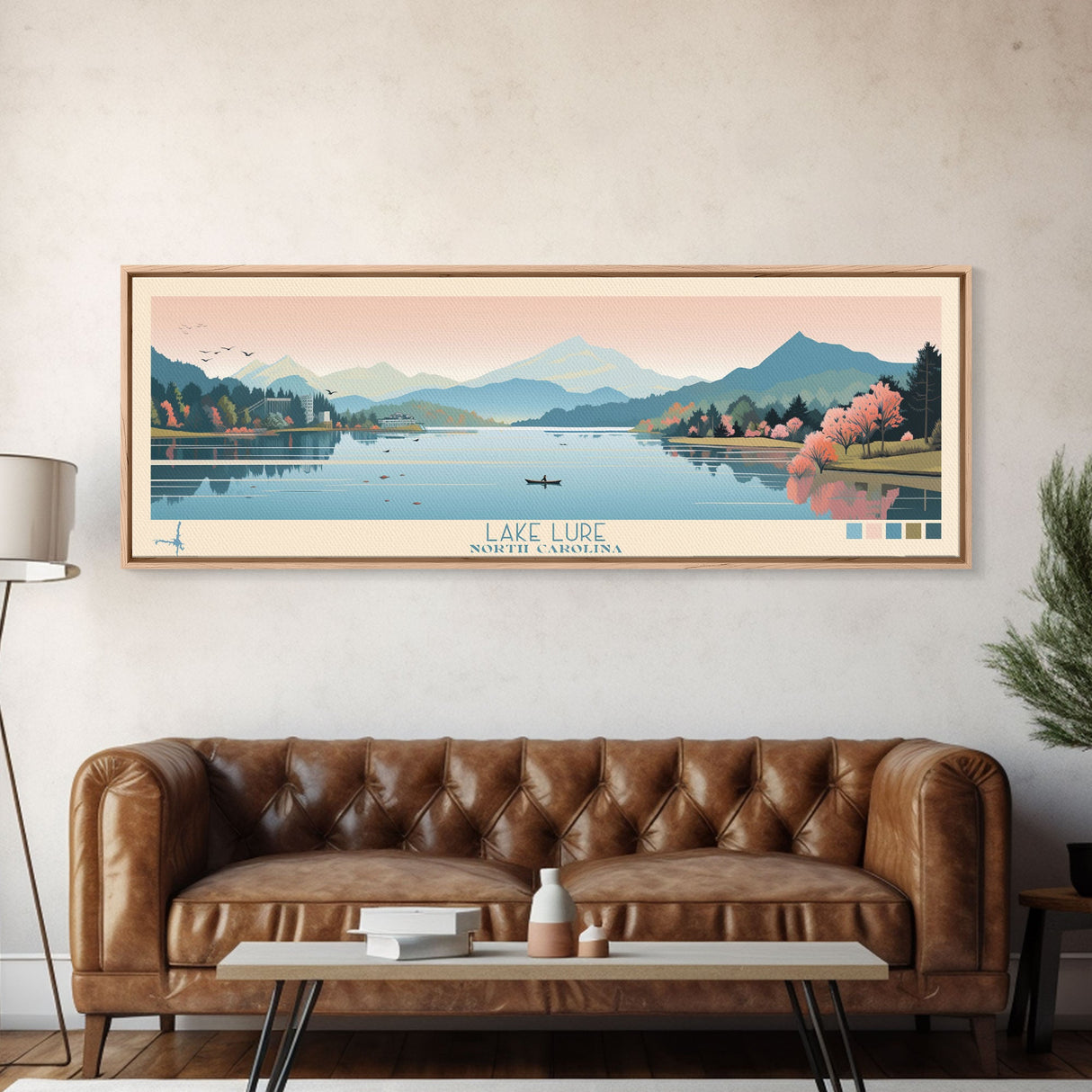 Lake Lure North Carolina Framed Canvas Print, Panoramic Wall Art, Midcentury Modern, Pop Art, Living Room Decor, Travel Poster